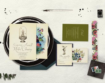 Wedding Invitation Suite: SAMPLE (jewel tones,  terrarium, vintage, birds, flowers, bright)