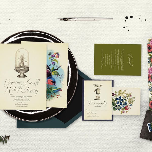 Wedding Invitation Suite: SAMPLE (jewel tones,  terrarium, vintage, birds, flowers, bright)