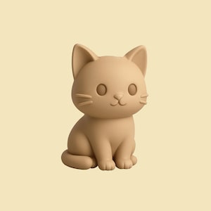 Peut inclure: Figurine de chat de dessin anim&eacute; de couleur beige. Le chat est assis droit, les pattes jointes. Il a de grands yeux ronds, de petites moustaches et des oreilles pointues. Le fond est de couleur beige clair uni.