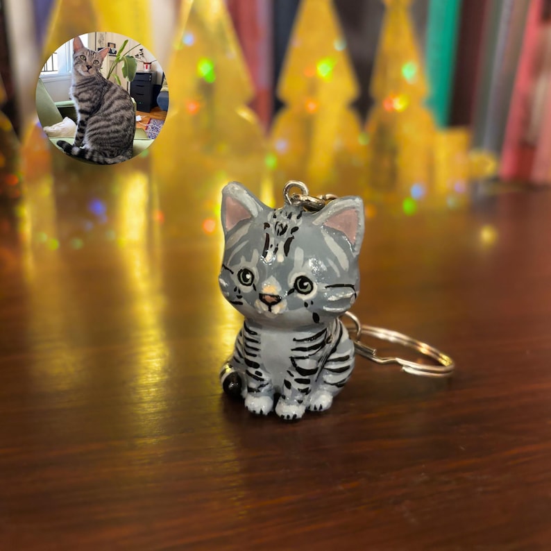 Porte-clés chat personnalisé : portrait d'animal de compagnie imprimé et peint à la main en 3D image 4
