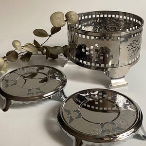 Vintage Twin Ray Trivet Set, Silver Plated Stainless Steel, Food Warmer Burner Stand