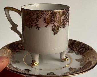 Filiżanka i spodek Mitterteich Bavaria Vintage, bawarska porcelanowa filiżanka do herbaty, różowe, kwiatowe, złote wykończenie