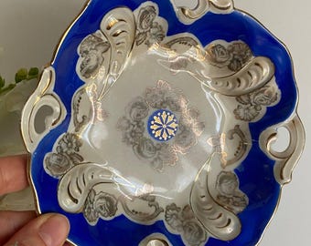 Oscar Schlegelmilch Vintage Duitse porseleinen snoepschaal, kobaltblauw en goud