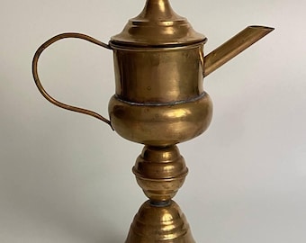 Vintage German Brass Oil Lamp, Floral Porcelain Finial, Rustic Farmhouse Decor