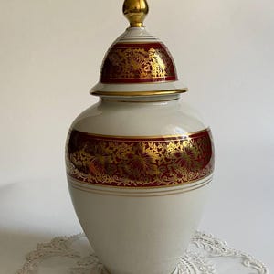 Vintage Schlottenhof Bavaria Tea Jar, German Porcelain Lidded Ginger Jar, Burgundy Gold Decor