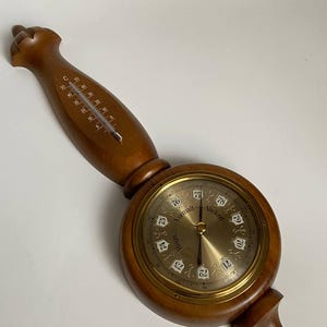 Vintage Scandinavian Weather Barometer, Swedish Wood Barometer with Thermometer, Mid Century Brass Decor