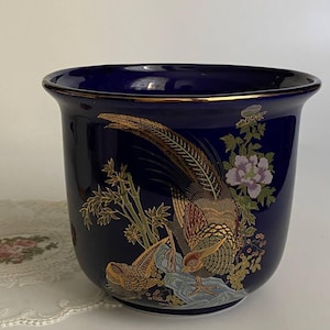 Vintage japanischer Kobalt Blauer Übertopf mit Fasanen, Keramik-Übertopf, handbemalter Blumendekor