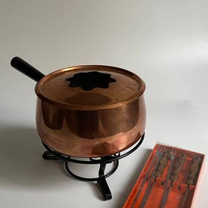 Vintage Copper Fondue Set with Stand and Skewers, Swiss Mid-Century Kitchenware
