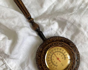 Vintage French Wall Thermometer with Carved Wooden Frame, Dual Scale Celsius & Fahrenheit