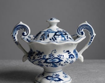 Vintage blauwe Donau dekselsausterrine, Japanse porseleinen serveerschaal, blauwwitte juskom