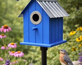 Colorful Bird House – Metal Roof Outdoor Birdhouse - Safe from Predators – Decorative Nesting Box – Gift for Wild Bird Lovers