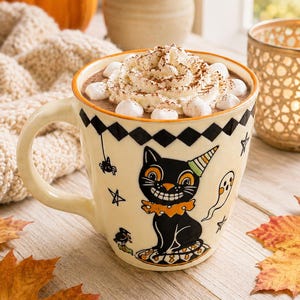 May include: A cream-colored ceramic mug filled with hot cocoa, topped with whipped cream and marshmallows. The mug features a black cat illustration wearing a party hat and ruffled collar, surrounded by small drawings of a spider, ghost, and stars.
