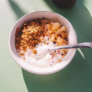 May include: A white bowl filled with yogurt, granola, and diced fruit. A silver spoon rests in the yogurt, which is topped with small red and pink flower petals. The bowl sits on a light green surface.