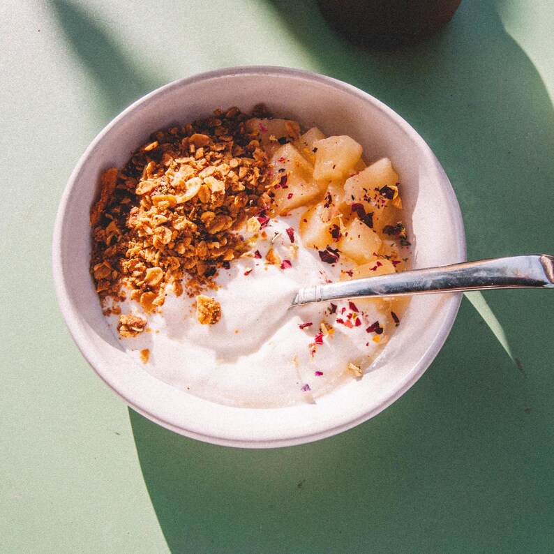May include: A white bowl filled with yogurt, granola, and diced fruit. A silver spoon rests in the yogurt, which is topped with small red and pink flower petals. The bowl sits on a light green surface.