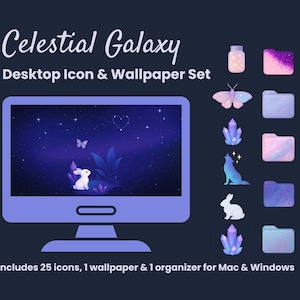 May include: A digital art set featuring a celestial galaxy theme. The set includes a desktop monitor with a starry night scene, icons, and a wallpaper. The color palette includes shades of purple, blue, and white. The text reads "Celestial Galaxy Desktop Icon & Wallpaper Set."