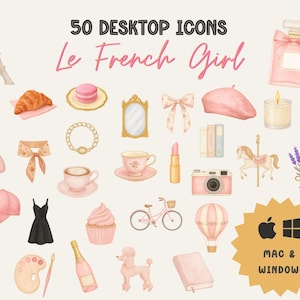 50 French Girl Desktop Icons | Pink Aesthetic Folder Icons Mac Windows Compatible Coquette Parisian Chic Laptop Cute Watercolor Icons