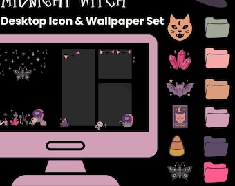 May include: A digital desktop icon and wallpaper set with a witchy theme. The design includes a computer monitor with a dark background, a butterfly, and other Halloween-themed icons. The text "MIDNIGHT WITCH" and "Desktop Icon & Wallpaper Set" are displayed.