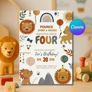 Modèle de carte d'anniversaire Lion MODIFIABLE, invitation toile 4e anniversaire, Wild One Safari Party, anniversaire jungle imprimable pour garçon, téléchargement immédiat