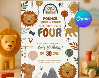 Lion 4th Birthday Invitation: Safari Jungle Party (Canva Editable, Instant Download)