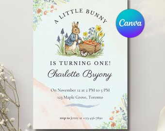 Peter Rabbit Baby Shower Invitation, Watercolor Garden Party (Canva, 5x7, Digital Download)
