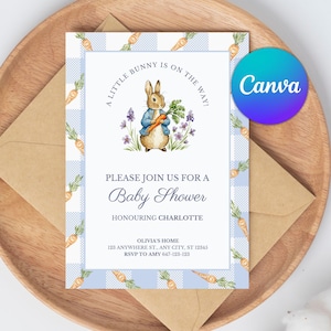 Convite Digital Editável para Chá de Bebê do Peter Rabbit, Modelo de Convite para Aniversário, Festa de Coelhinho para Imprimir no Canva, Cartão da Beatrix Potter, Festa de Coelhinho na Primavera
