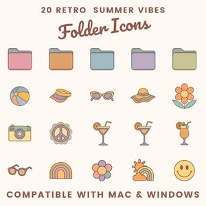Puede incluir: Una colección de 20 iconos de carpeta retro con temática de verano en colores pastel. Los iconos incluyen una pelota de playa, gafas de sol, una cámara, un signo de la paz, cócteles y una carita sonriente. El texto dice "20 Retro Summer Vibes Folder Icons Compatible with Mac & Windows."