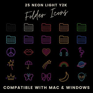 May include: Black background with 25 neon light Y2K folder icons. The icons include folders, a peace sign, lips, a heart, headphones, a flamingo, a magic wand, an umbrella, a shooting star, a rainbow, a planet, a crown, a butterfly, a bow, a banana, and an alien.