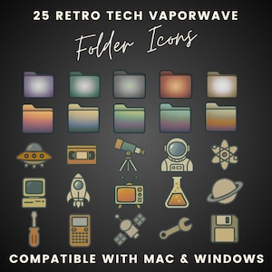 May include: A collection of 25 retro tech vaporwave folder icons in various colors, including purple, green, and orange. The image also features icons of a UFO, a cassette tape, a telescope, an astronaut, and other retro tech elements. The text at the top says "25 Retro Tech Vaporwave Folder Icons".