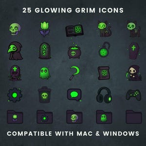 May include: A collection of 25 glowing grim icons in a dark, spooky theme. The icons include skulls, cats, ghosts, and other Halloween-themed images. The text at the top says "25 GLOWING GRIM ICONS" and at the bottom "COMPATIBLE WITH MAC & WINDOWS".