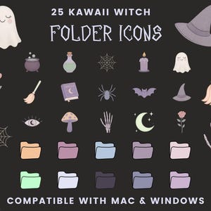 Puede incluir: Un conjunto de 25 iconos de carpeta Kawaii Witch sobre un fondo negro. Los iconos incluyen un fantasma, sombrero de bruja, caldero, botella de poción, telaraña, vela, murciélago, escoba, libro de hechizos, araña, ojo, seta, mano de esqueleto, luna, rosa y carpetas. Compatible con Mac & Windows.