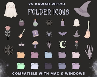 May include: A collection of 25 Kawaii Witch folder icons on a black background. The icons include a ghost, witch hat, cauldron, potion bottle, spider web, candle, bat, broom, spell book, spider, eye, mushroom, skeleton hand, moon, rose, and folders. Compatible with Mac & Windows.