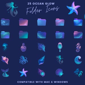 Può includere: Una collezione di 25 icone di cartelle "Ocean Glow" nei toni del blu, viola e verde acqua, con elementi marini e a tema oceano. Le icone includono sirene, conchiglie, stelle marine e onde. Il testo "25 Ocean Glow Folder Icons" e "Compatible with Mac & Windows" sono visualizzati.