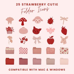 25 Strawberry Cutie Folder Icons, Pink Aesthetic Desktop Icons for Mac and Windows, Cute Cottagecore Desktop Organization, Kawaii, Pink Red