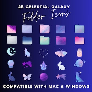 Puede incluir: Imagen de arte digital con 25 iconos de carpeta de galaxia celestial. Los iconos incluyen carpetas con texturas de galaxia, lunas crecientes, estrellas, gatos, corazones, mariposas, tarros, planetas, conejos, cristales, estrellas fugaces y un lobo aullando. El texto dice "25 Celestial Galaxy Folder Icons" y "Compatible con Mac & Windows."