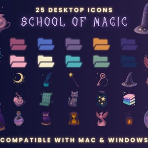 Puede incluir: Gráfico digital con 25 iconos de escritorio con temática mágica. Los iconos incluyen carpetas, un sombrero de bruja, una botella de poción, un dragón en una taza, un búho y un fénix. El texto dice "School of Magic" y "Compatible con Mac & Windows."