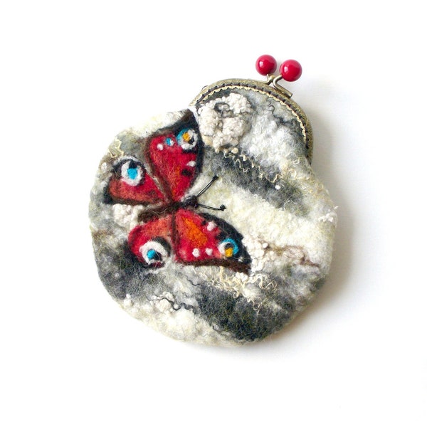 Wet Felted Butterfly on a birch tree coin purse Ready to Ship with bag frame metal closure Handmade  gift for her under 50 USD