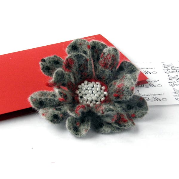 Red polka dots FLOWER Nuno Felted brooch - Ready to Ship Now Brooch Handmade OOAK Fiber Art Red Gift for her Gift under 50 USD