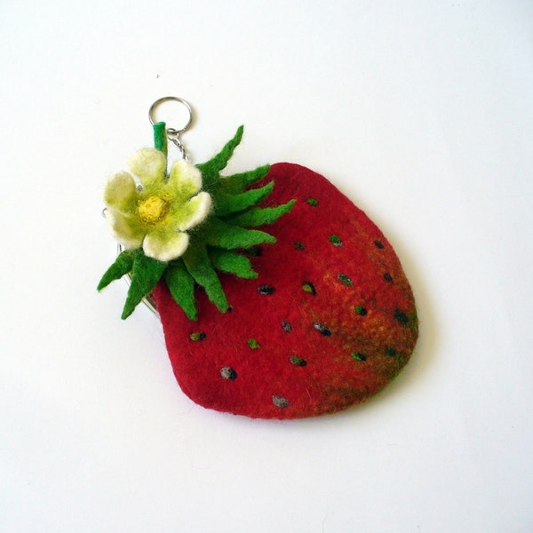 Wet Felted  strawberry coin purse Ready to Ship with bag frame metal closure Handmade  gift for her under 50 USD