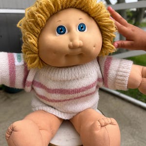 Vintage Cabbage Patch Kids Doll | Blonde Yarn Hair Striped Knit Sweater 80s Plush Baby