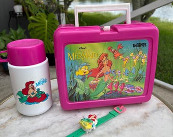 Vintage 1990s Little Mermaid Lunch Box, Thermos, Ariel Watch Set – Pink Nostalgia Bundle