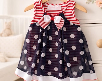 Vintage Bonnie Baby Dress | Red White Stripe Navy Polka Dot Baby Girl