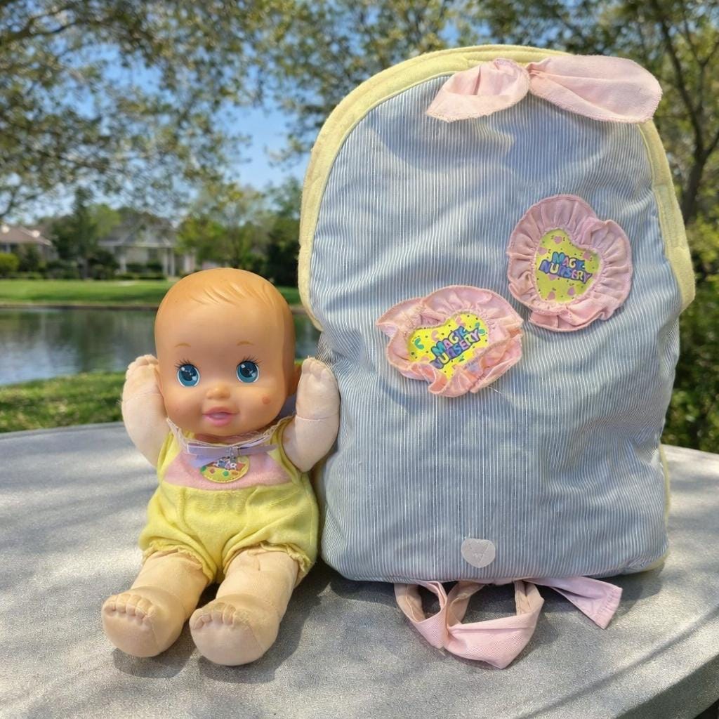 1990s Magic Nursery Baby Doll With Carrier Backpack, Plush Body