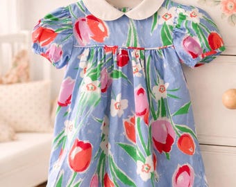 Vintage Tulip Floral Baby Dress | Cottagecore Puff Sleeve Toddler Gown