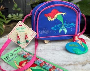 Vintage 1990s Little Mermaid Ariel Accessory Set: Bag, Earrings, Pencils, Mirror