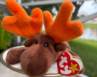 Peluche vintage Ty Beanie Baby Chocolate Moose – 1993, corna marrone-arancio, oggetto da collezione fuori produzione degli anni '90.