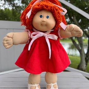 Vintage Cabbage Patch Kids Redhead Doll, Yarn Hair, Blue Eyes, Red Dress, 1990s Toy