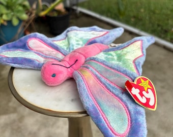 Peluche vintage Ty Beanie Baby Flitter Butterfly del 1999 con ali arcobaleno, nostalgia anni '90, animale di peluche, decorazione retrò per la cameretta.