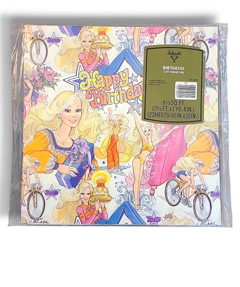 May include: Vintage birthday gift wrap featuring illustrations of a blonde woman in various poses, including riding a bicycle and holding a cake. The words "Happy Birthday" are prominently displayed. The package contains 8.5 sq. ft. of wrapping paper, with each sheet measuring 30 inches by 20 inches.