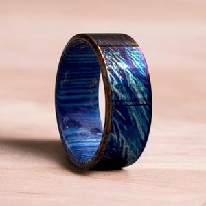 Minimalist Unique Titanium Ring  With Whiskey Barrel Inlay Colorful Random Titanium Pattern Heat Anodized Handcrafted Ring Personalize Gift.