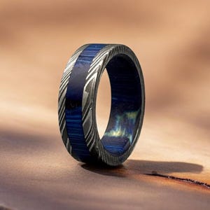 Damascus Steel Whiskey Barrel Ring Engagement Promise Ring Wood Inlay Damascus Steel Ring Valentine Gift Him  Wedding Ring Wood Wedding Band